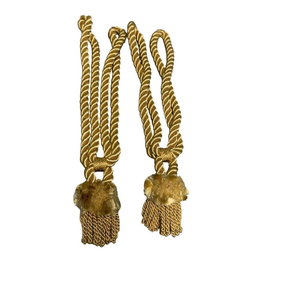 Vintage Gold Curtain Tiebacks with Faux Fur & Tassel Details Set of 2